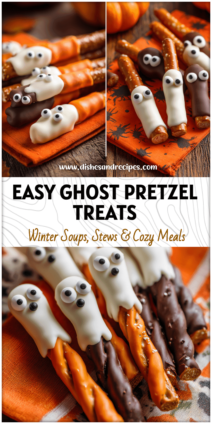Chocolate covered ghost pretzel rods with white coating and candy eyes arranged on festive fall napkins.